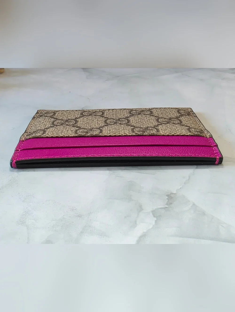 Gucci GG Canvas Card Holder with Pink Leather Trim